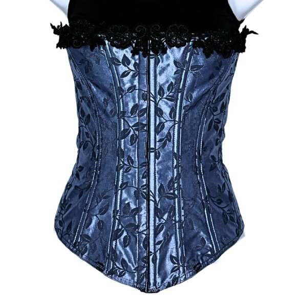 Empire Intimates Satin Blue Floral Lace Up Corset Bustier Sz 32 - Picture 2 of 11